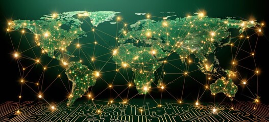 Digital world map on a circuit board background, depicting a global network and connectivity concept - 790648932