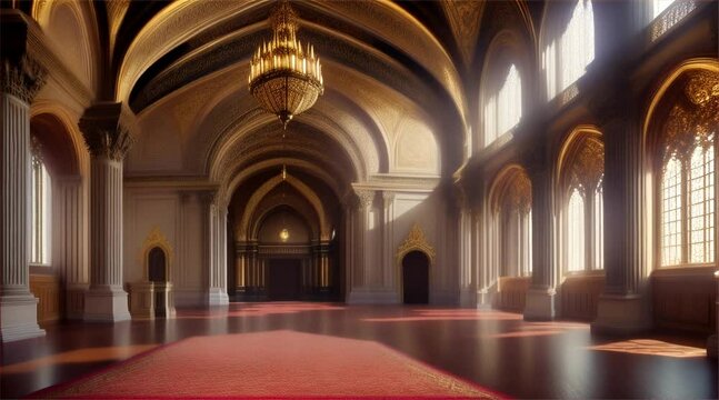 Empty hotel foyer with beautiful chandeliers and elegantly designed windows.