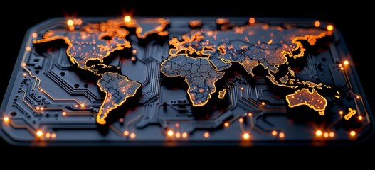 Digital world map on a circuit board background, depicting a global network and connectivity concept - 790649127