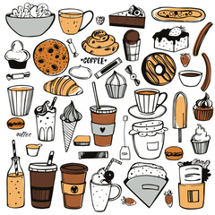 Coffee shop food and drinks set. Sketch illustration.