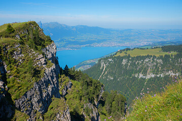 view from Niederhorn mountain summit to lake Thunersee, Bernese Oberland