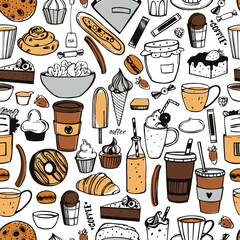 Coffee shop food and drinks set. Vector  pattern
