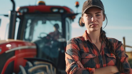 Confident woman in work attire, standing proudly in front of a tractor, epitomizing female empowerment in agriculture