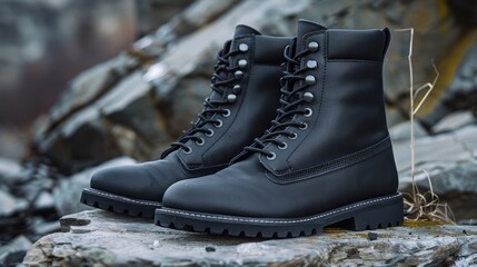 Cool black leather boots, ideal for outdoor adventures, symbolizing courage and determination