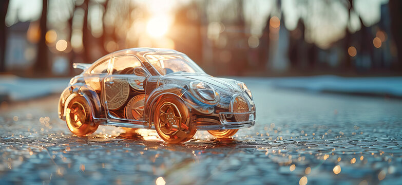 Glass piggy bank in the form of a car with different coins inside. Concept for renting, buying, leasing or insuring a car