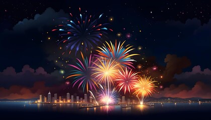 Fototapeta na wymiar City Night Fireworks Spectacle