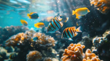 Obraz na płótnie Canvas coral reef with fish, tropical sea underwater fishes on coral reef. aquarium, oceanarium colorful marine panorama landscape, nature snorkel diving