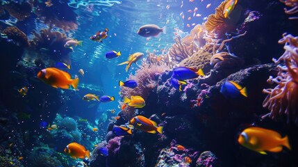 Fototapeta na wymiar coral reef and fish, tropical sea underwater fishes on coral reef. aquarium, oceanarium colorful marine panorama landscape, nature snorkel diving