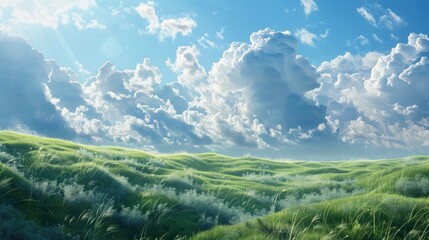 Scenic grassland with fluffy white clouds - obrazy, fototapety, plakaty