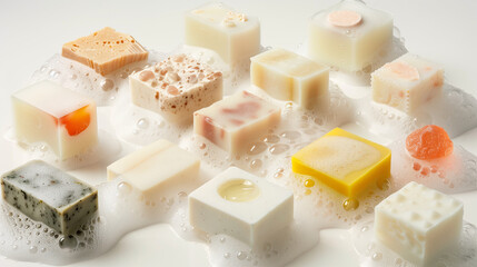Concept photo of handmade soaps, close-up. Raw graphic photos. Cosmetics advertising materials.