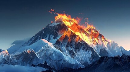The snow capped Himalayas at sunrise, with golden light illuminating one peak. The mountain range should be depicted against a dark blue sky - obrazy, fototapety, plakaty