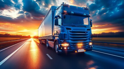 Truck on the highway, sky with clouds, green meadow in background, sunset light - 790650108
