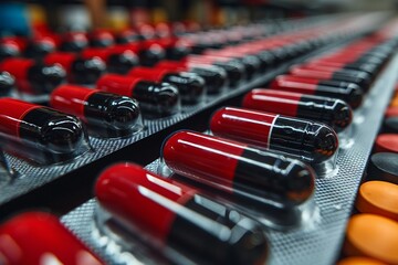Pile of red-black capsule pills. Antibiotics r - 790650192