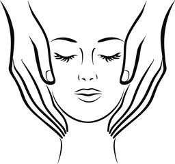 Woman's face with closed eyes and two hands