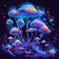 Bright neon magic mushrooms of fancy shape and magic plants on a black background. Psychedelic hippie mushrooms retro style. Illustration esoteric art