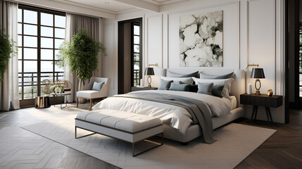 Modern bedroom interior with white walls, wooden floor and comfortable king size bed ,modern classic design for a bedroom, showcasing an elegant and luxurious interior