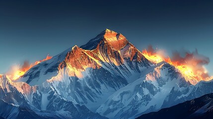 The snow capped Himalayas at sunrise, with golden light illuminating one peak. The mountain range should be depicted against a dark blue sky
