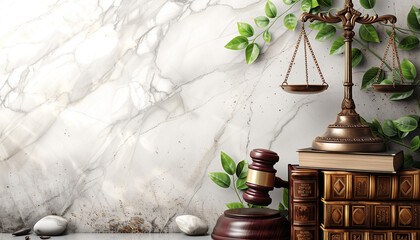 An elegant composition showcasing the symbols of justice&mdash;a bronze scale and gavel&mdash;poised on law books, against a marbled backdrop, accompanied by fresh green leaves