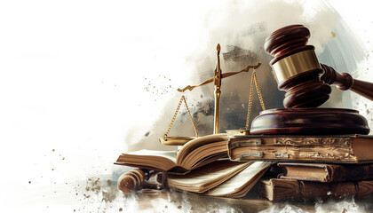 A creative blend of justice symbols, featuring a gavel and scales atop a pile of legal volumes, artistically overlaid with abstract brushstrokes