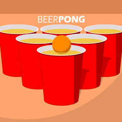Beer Pong Day event banner. Red plastic cups filled with beer are arranged with a ball as a game on a brown background to celebrate on May - obrazy, fototapety, plakaty