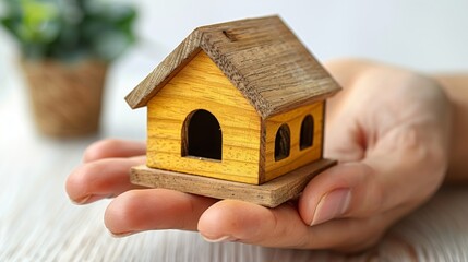 Nestled within the palm of a human hand lies a miniature house, a symbol of new beginnings and aspirations in the realm of real estate.