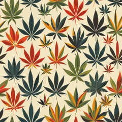 Fototapeta premium Hemp Seamless Pattern Marijuana Leaves Cannabis Texture Decor Digital Print Cartoon Style White Background