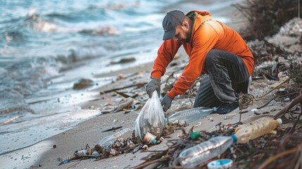 A volunteer collects trash on the beach. Environmental pollution. Volunteering concept. Plastic bottles and waste. People litter. Garbage and rubbish. Help ecology.