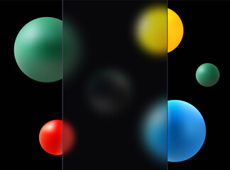 Creative glass morphism background. Transparent glass partition with multi-colored geometric spheres on a black background.