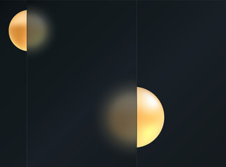 Glass morphism effect. Banner made of transparent frosted glass and golden gradient spheres on a black background.