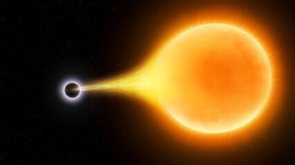 A black hole in space destroys a star. Dark star absorbs matter from the star. The sun in the gravitational field of the singularity.