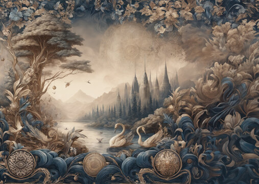中世ヨーロッパをイメージした幻想的な風景イメージイラスト Fantastic landscape image illustration of medieval Europe
