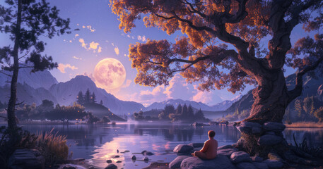 A painting depicting a person seated on a rock overlooking a serene lake - obrazy, fototapety, plakaty