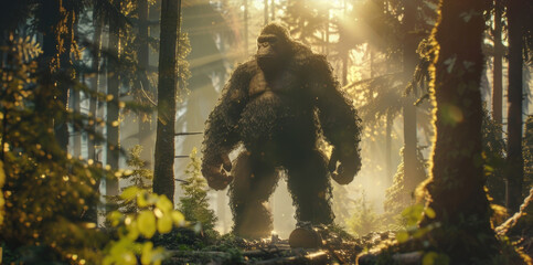 Bigfoot, a large ape-like creature, standing upright in the middle of a dense forest