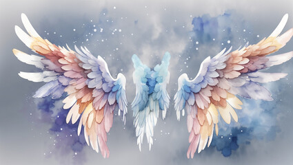 A pair of watercolor wings in pastel shades of pink, blue, and purple against a sparkly blue background.

 - obrazy, fototapety, plakaty