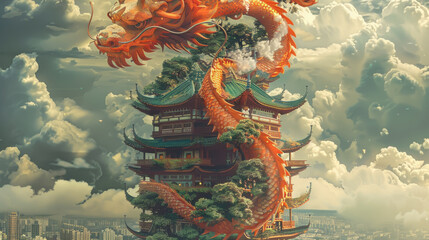 A painting of a dragon perched on top of a building, showcasing intricate details and bold colors in the artwork - obrazy, fototapety, plakaty