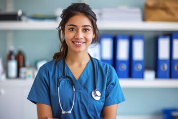 Portrait, woman and nurse with smile, healthcare or confidence with uniform or hospital. Face, surgeon or medical with professional, doctor or physician with stethoscope or career ambition in clinic - obrazy, fototapety, plakaty