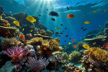 The coral reefs are diverse ecosystems essential for marine life - obrazy, fototapety, plakaty
