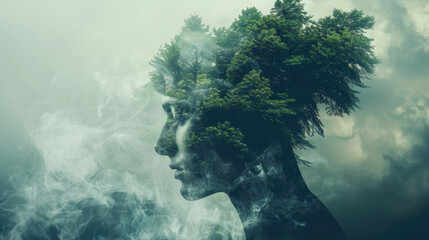 A womans head with multiple trees sprouting out of it, showcasing a surreal and creative concept of nature merging with humanity - obrazy, fototapety, plakaty