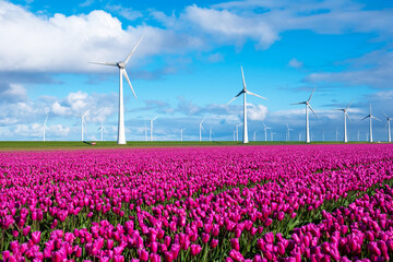 A field of vibrant purple tulips dances in the wind, set against a backdrop of majestic windmill...