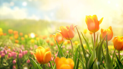 Spring nature background with field of flowers