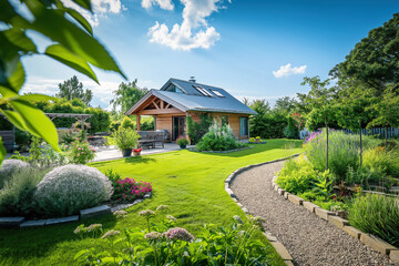Garden with naturalistic design yard, green lawn with flowers, summer retreat house