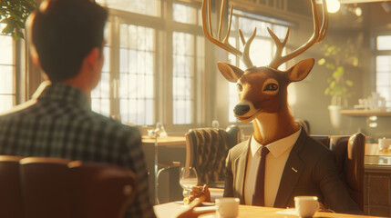 A surreal encounter as a man converses with a suited deer character sitting across the table in a warm, illuminated cafe setting - obrazy, fototapety, plakaty
