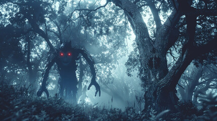 A spooky tree with red glowing eyes stands amidst the dark woods, creating an eerie and unsettling atmosphere