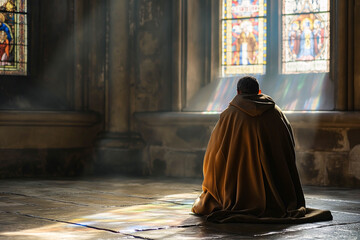 christian catholic monk or friar praying in the abbey at the window - obrazy, fototapety, plakaty