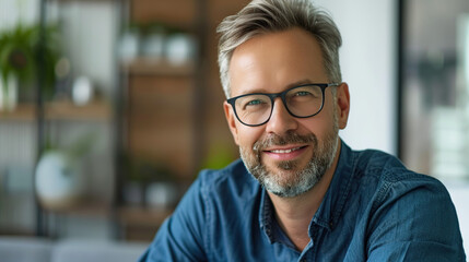 Obraz premium Happy middle aged business man ceo standing in office arms crossed. Smiling mature confident professional executive manager, proud lawyer, businessman leader wearing blue suit