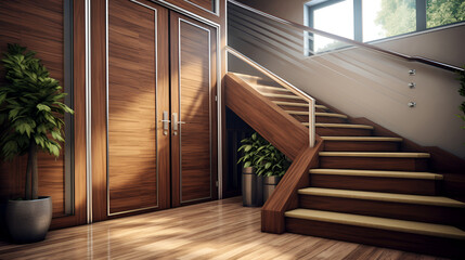white railing stairs in an empty hallway, with wooden handle new house interior ,interior of modern living room with wooden stairs  ,Wooden stairs leading to the window