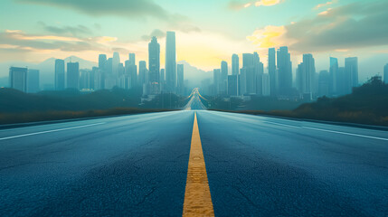 Highway to Futuristic Cityscape, Scenic Road to Success, Sunrise. Connected Smart City, Cyber Megapolis, Skyscrapers Silhouette, Vibrant Sky. Business, Technology, AI Infrastructure, Urban Development