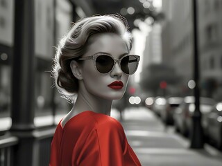 振り返るサングラスのセレブ、トップスだけをカラーにしたモノクロ表現