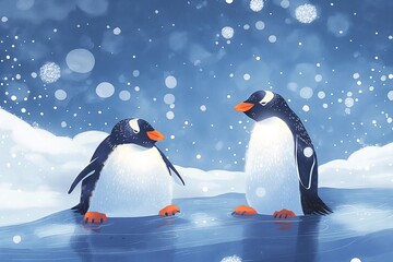 Penguins water snow cartoon illustration