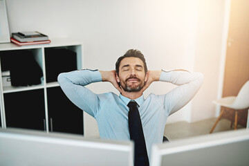 Business man, relax and stretching at office desk for information technology, software or...